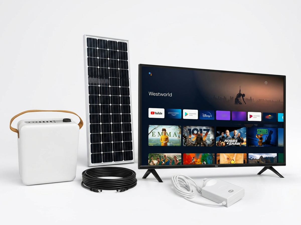 RTK Solar TV Package: 32-inch LED TV, 100W solar panel, 320Wh LiFePO4 battery station, LED bulbs and DC cables